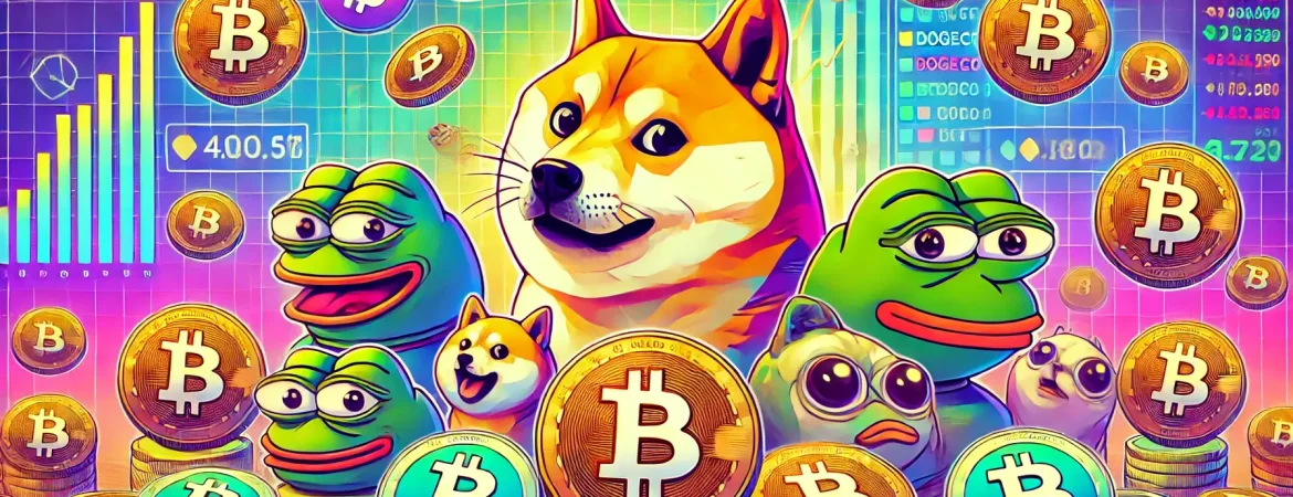 Dogecoin’in Shiba Inu köpeği, Shiba Inu ve Pepe coinlerini temsil eden bir görsel. Meme coinlerin eğlenceli yapısı ve blockchain ile fiyat artışı sembolize edilmiş.