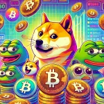 Dogecoin’in Shiba Inu köpeği, Shiba Inu ve Pepe coinlerini temsil eden bir görsel. Meme coinlerin eğlenceli yapısı ve blockchain ile fiyat artışı sembolize edilmiş.