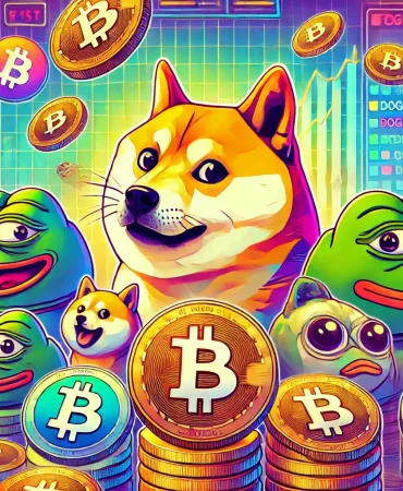 Dogecoin’in Shiba Inu köpeği, Shiba Inu ve Pepe coinlerini temsil eden bir görsel. Meme coinlerin eğlenceli yapısı ve blockchain ile fiyat artışı sembolize edilmiş.