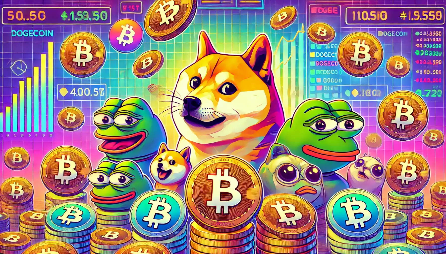 Dogecoin’in Shiba Inu köpeği, Shiba Inu ve Pepe coinlerini temsil eden bir görsel. Meme coinlerin eğlenceli yapısı ve blockchain ile fiyat artışı sembolize edilmiş.